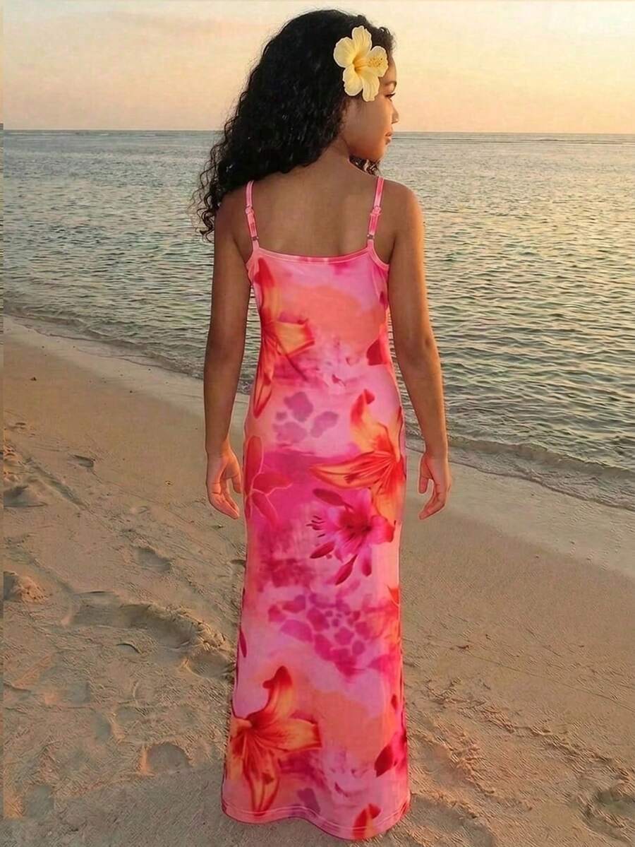 Tween girls long floral print cami dress with spaghetti straps, slim fit, slit hem, and multicolor vacation beach style.