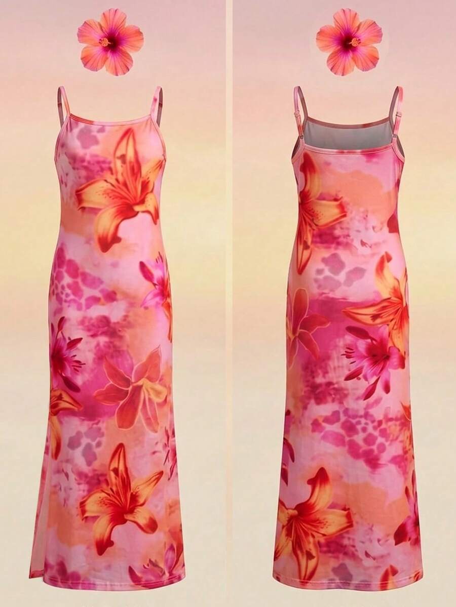 Tween girls long floral print cami dress with spaghetti straps, slim fit, slit hem, and multicolor vacation beach style.