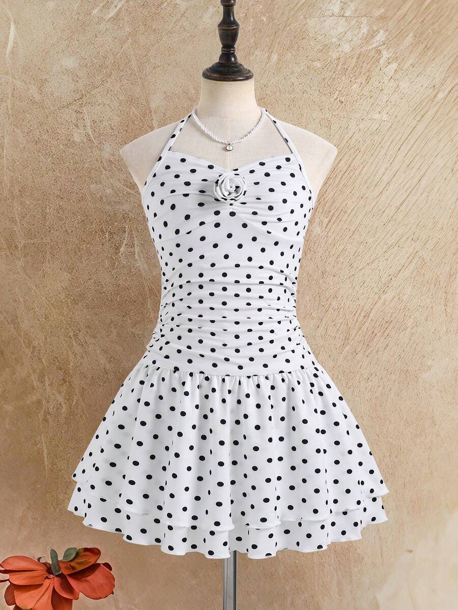 Tween girls apricot sleeveless halter mini dress with textured starfish and shell decor, shirred tiered layer, high waist, and flounce hem.