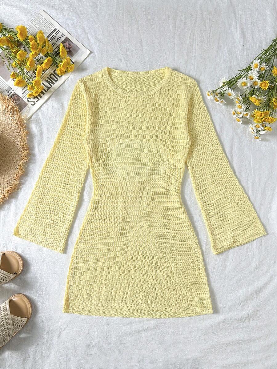 Tween girls semi-sheer long sleeve beach cover up dress with boat neckline and plain design for vacation swimwear layering.