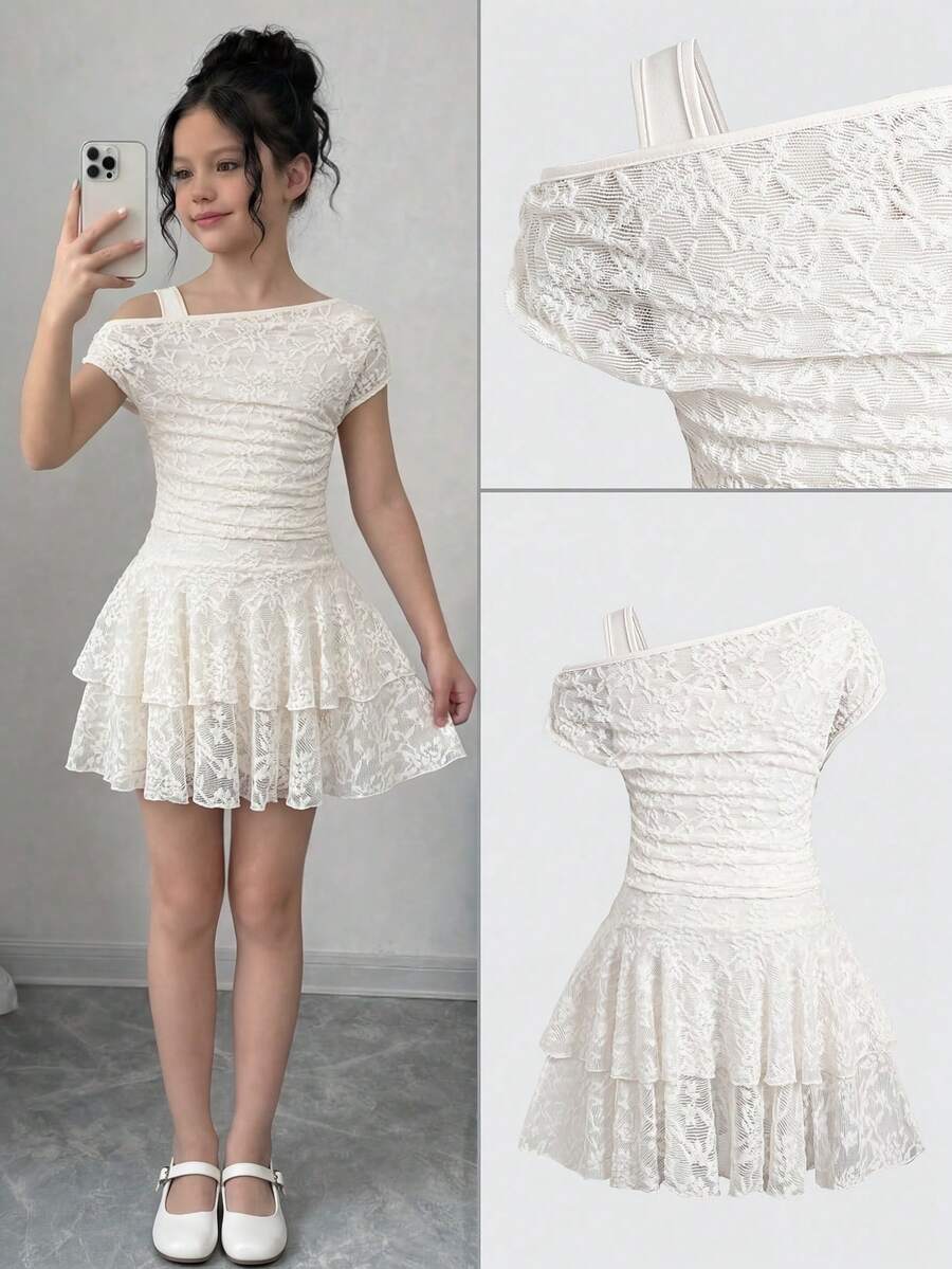 Tween girl wearing an apricot asymmetric skater dress with ruffle and applique details for party and formal occasions.