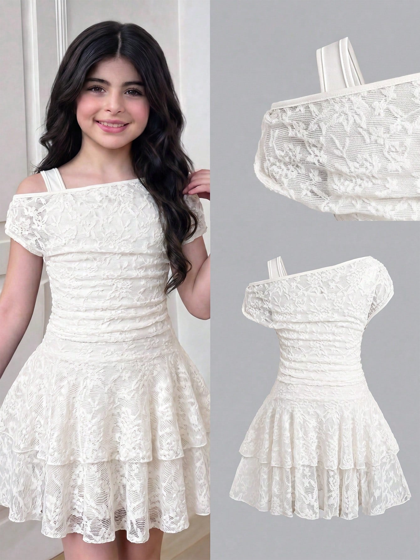 Tween girl wearing an apricot asymmetric skater dress with ruffle and applique details for party and formal occasions.