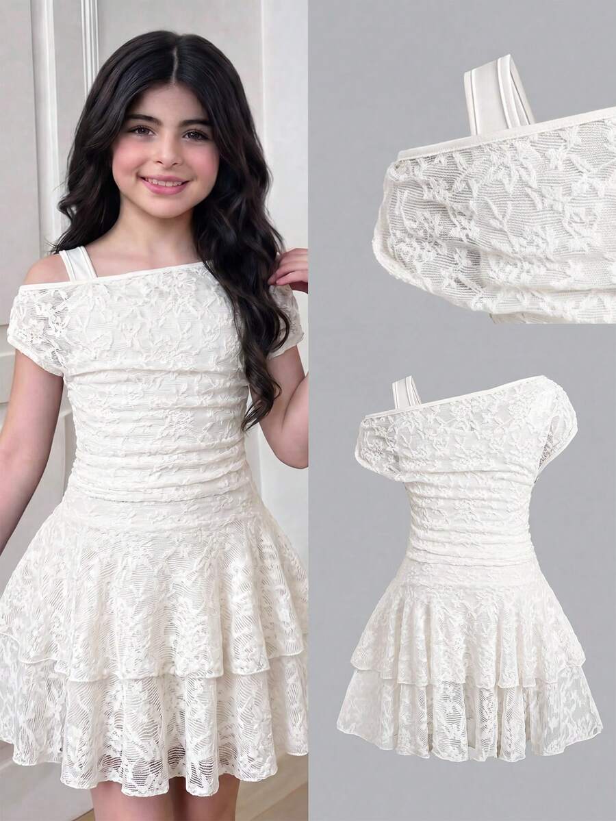 Tween girl wearing an apricot asymmetric skater dress with ruffle and applique details for party and formal occasions.