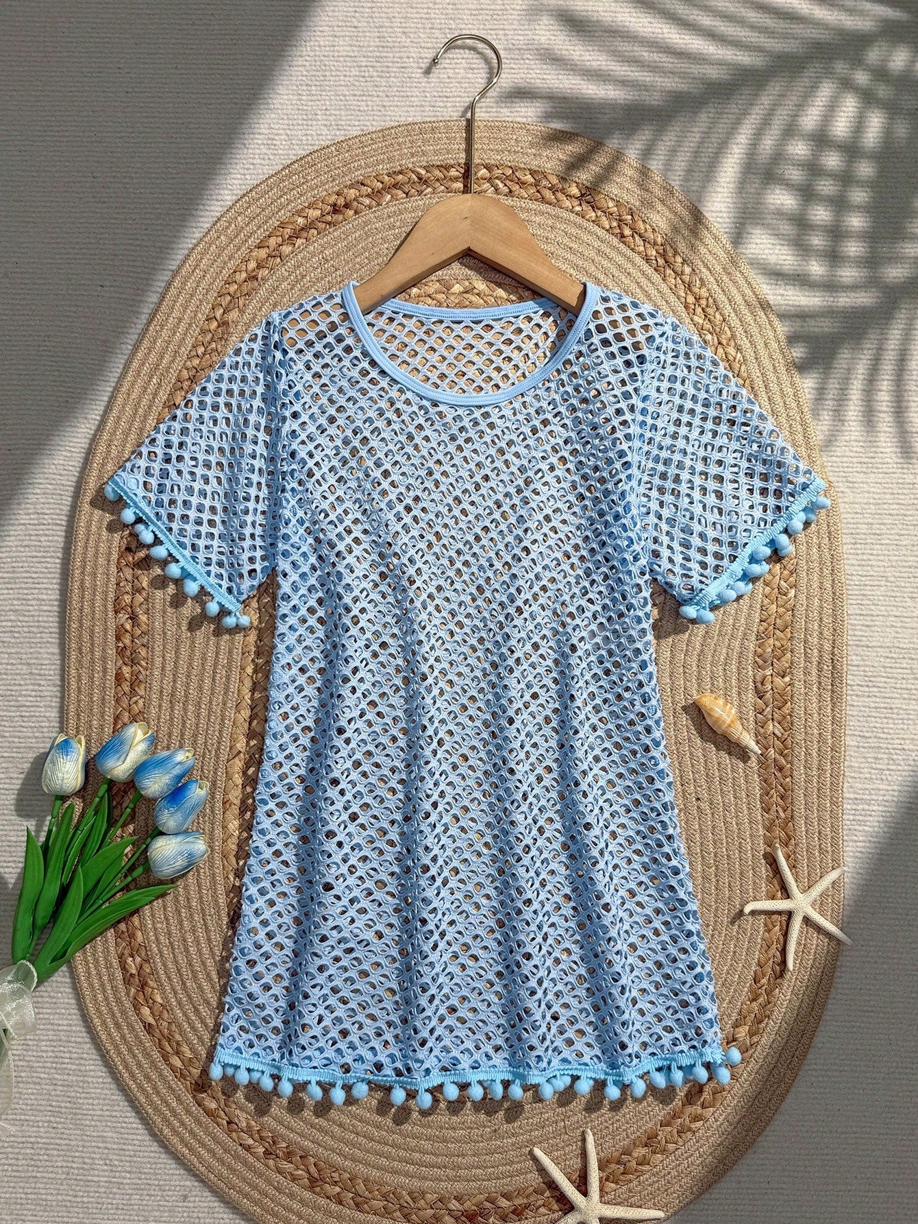 Tween Girl Fishnet Pom-Pom Decor Cover Up Summer Holiday