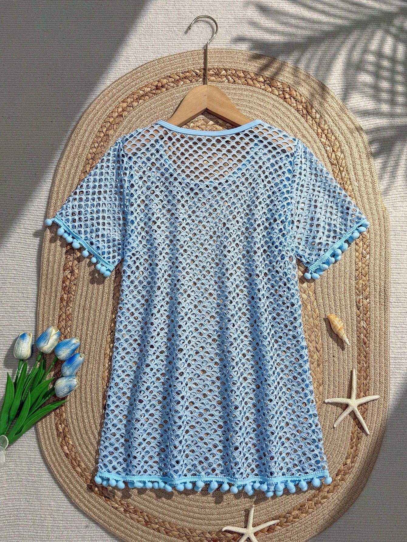 Tween Girl Fishnet Pom-Pom Decor Cover Up Summer Holiday