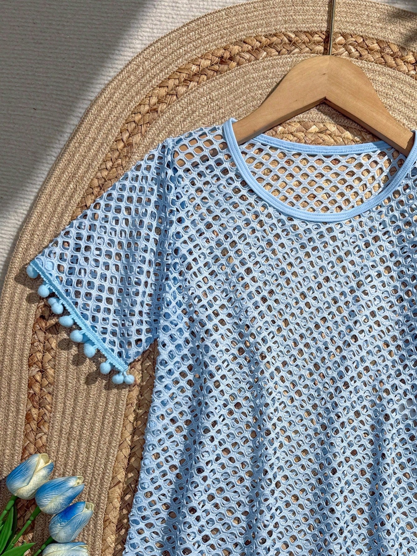 Tween Girl Fishnet Pom-Pom Decor Cover Up Summer Holiday