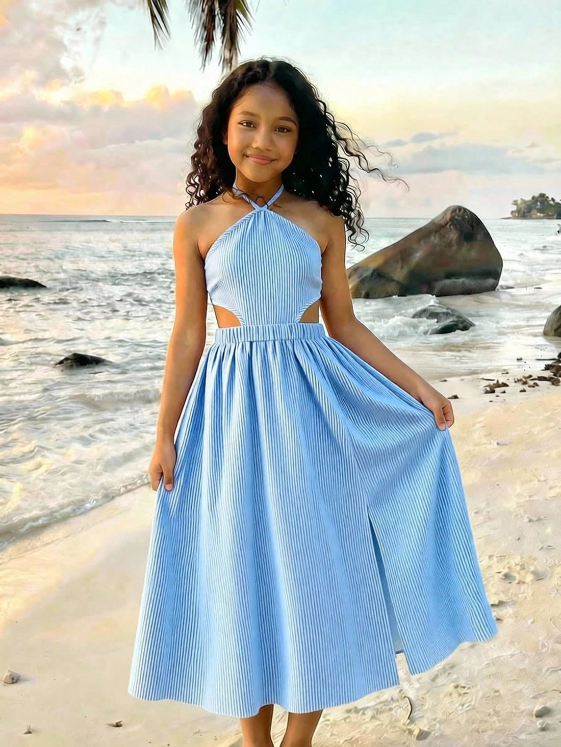Tween girls floral halter dress with backless sleeveless design, belted high waist, shirred details, appliques, and flared A-line midi silhouette for summer vacation or graduation outfit.