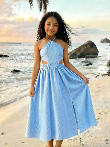 Tween girls floral halter dress with backless sleeveless design, belted high waist, shirred details, appliques, and flared A-line midi silhouette for summer vacation or graduation outfit.
