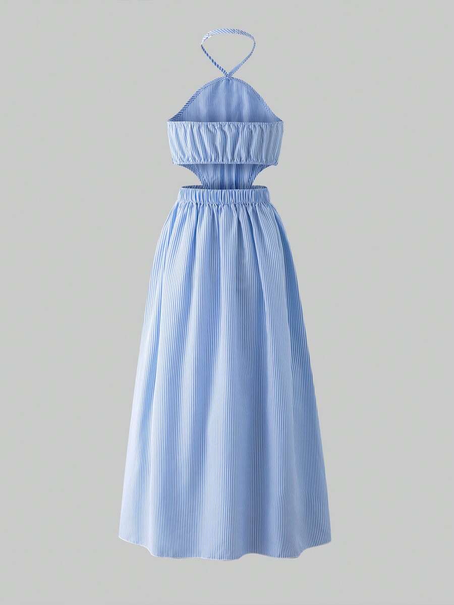 Tween girls floral halter dress with backless sleeveless design, belted high waist, shirred details, appliques, and flared A-line midi silhouette for summer vacation or graduation outfit.