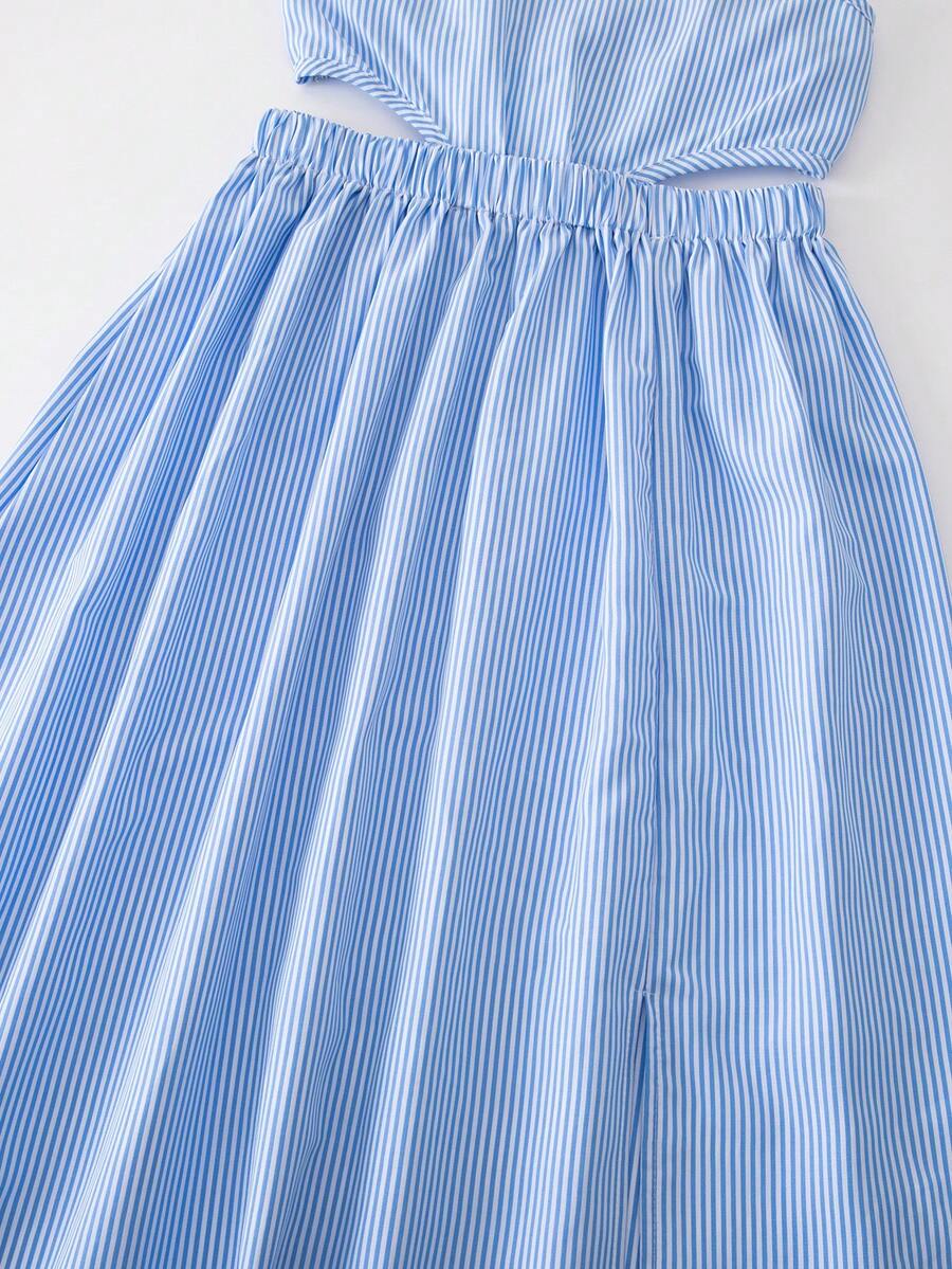 Tween girls floral halter dress with backless sleeveless design, belted high waist, shirred details, appliques, and flared A-line midi silhouette for summer vacation or graduation outfit.