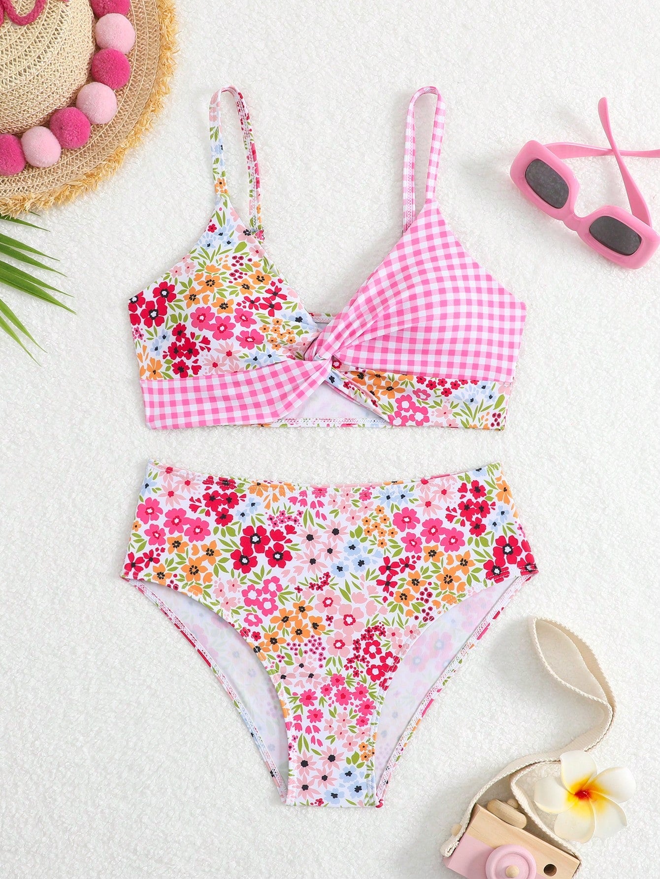 Tween girls multicolor striped 2-piece bikini set with spaghetti strap top, twist detail, and short high-waist or mid-waist swim bottoms for beach and pool wear.