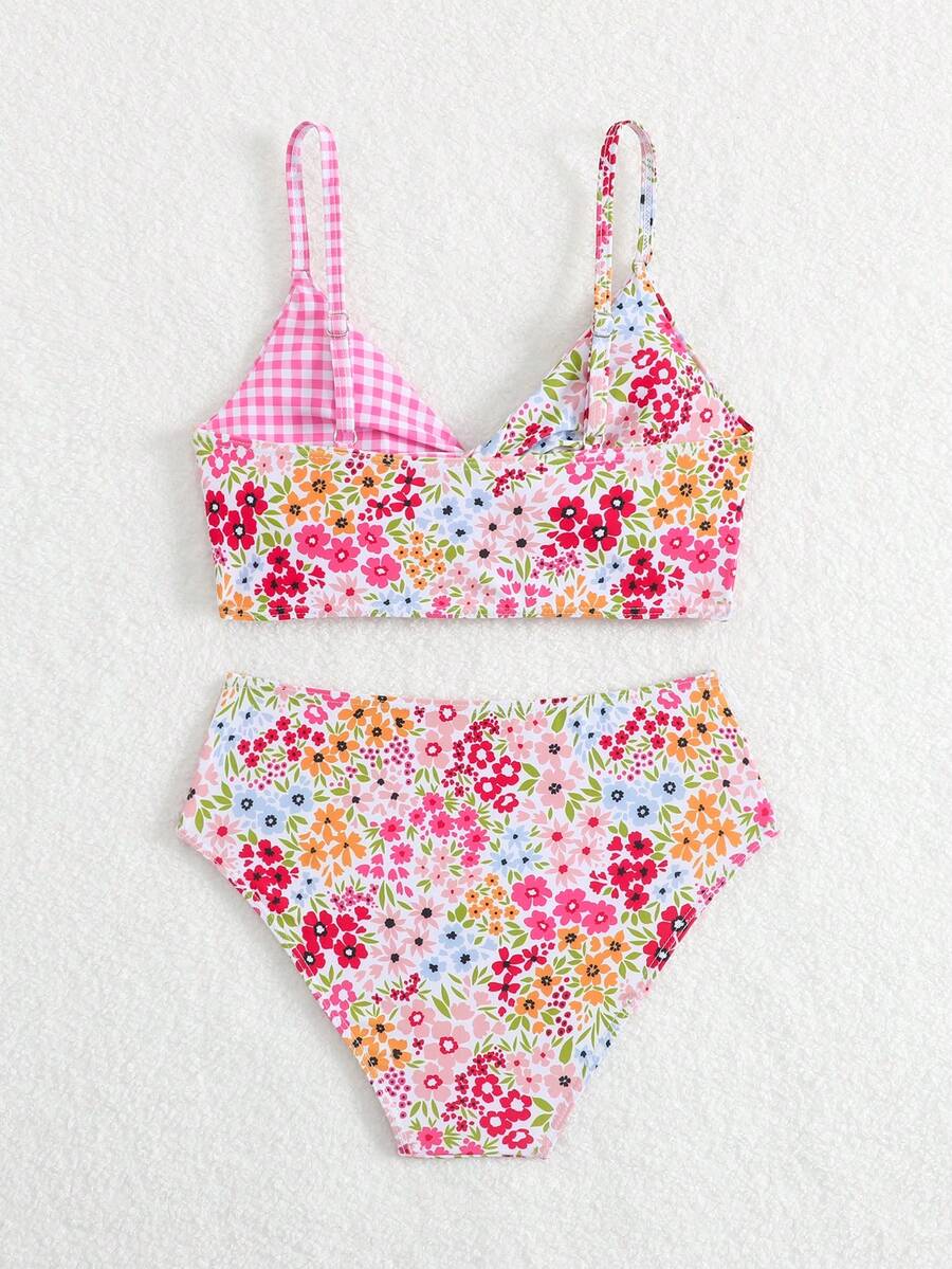 Tween girls multicolor striped 2-piece bikini set with spaghetti strap top, twist detail, and short high-waist or mid-waist swim bottoms for beach and pool wear.