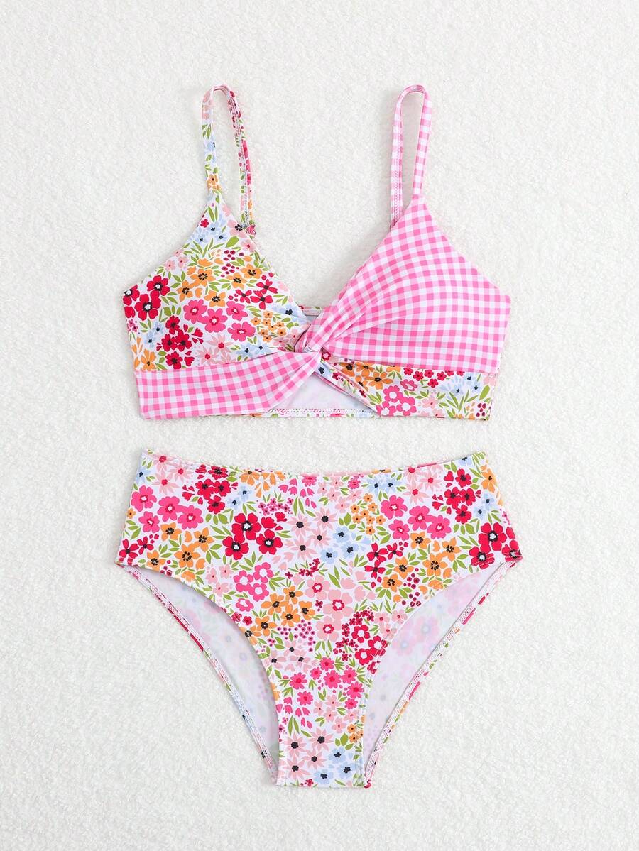 Tween girls multicolor striped 2-piece bikini set with spaghetti strap top, twist detail, and short high-waist or mid-waist swim bottoms for beach and pool wear.