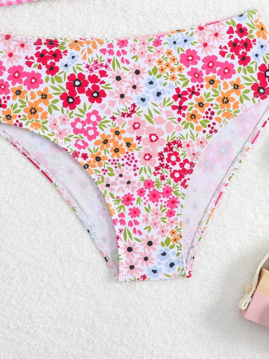 Tween girls multicolor striped 2-piece bikini set with spaghetti strap top, twist detail, and short high-waist or mid-waist swim bottoms for beach and pool wear.