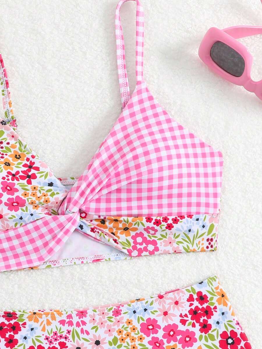 Tween girls multicolor striped 2-piece bikini set with spaghetti strap top, twist detail, and short high-waist or mid-waist swim bottoms for beach and pool wear.