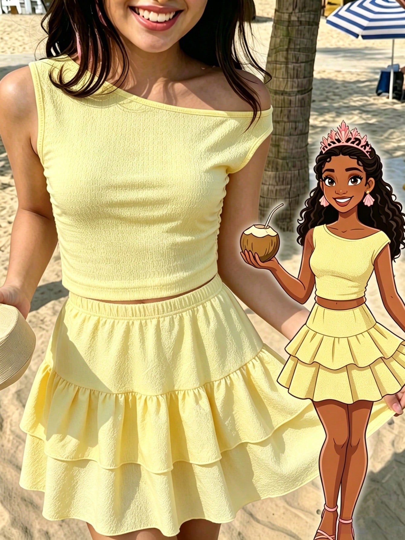 Light blue two-piece outfit set for tween girls with a sleeveless round neck vest top and a tiered ruffle cake skirt featuring a plant pattern.