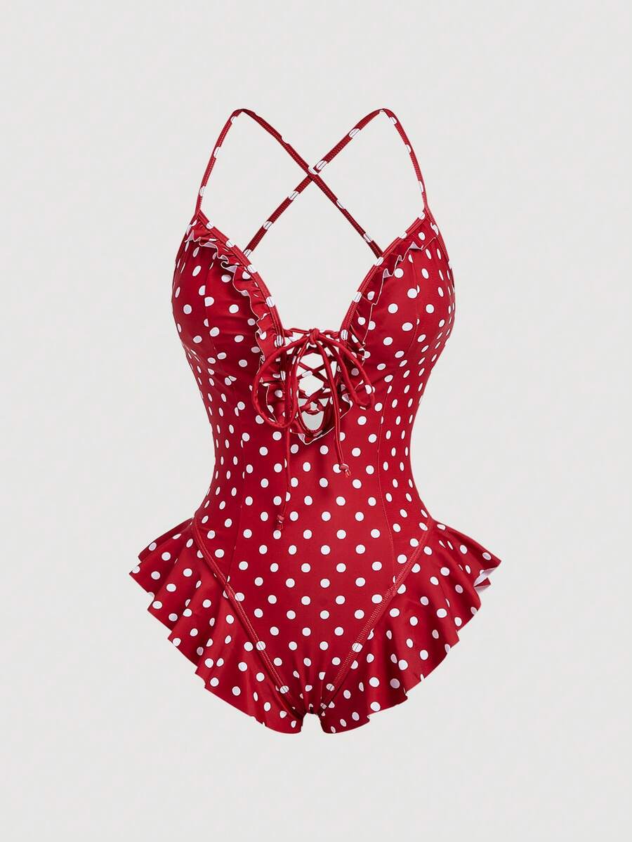 Women's strawberry print one-piece swimsuit featuring ruffle details, front-tie design, backless criss-cross straps, and triangle wireless cups.