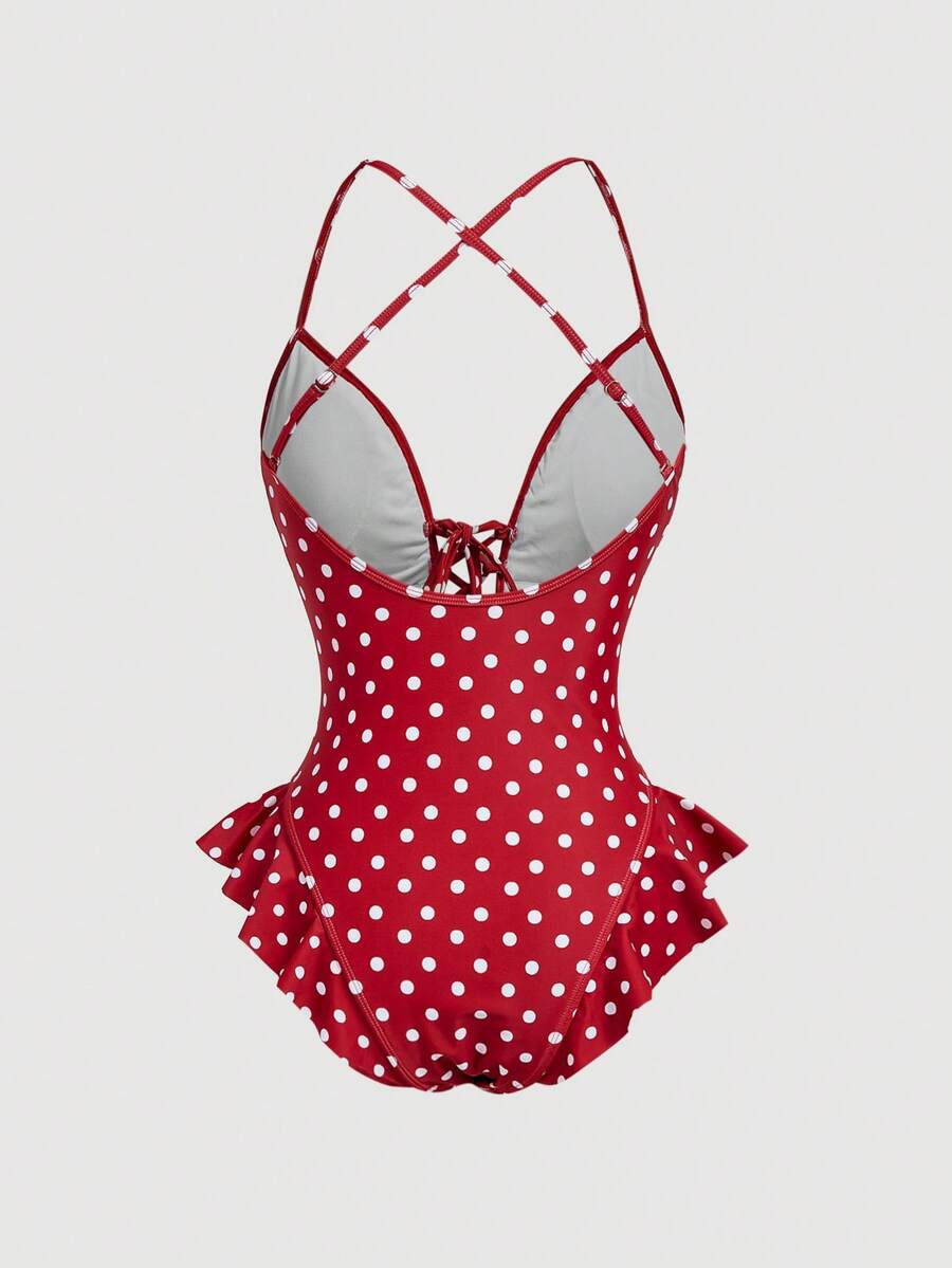 Women's strawberry print one-piece swimsuit featuring ruffle details, front-tie design, backless criss-cross straps, and triangle wireless cups.