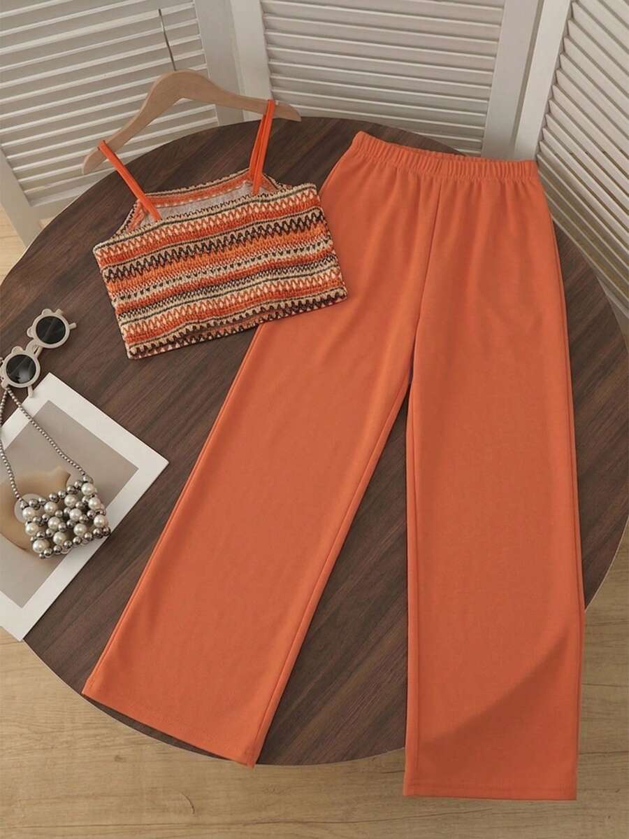 Tween girls casual 2-piece set featuring an apricot woven camisole crop top with back shirring and matching high-waisted loose long pants.