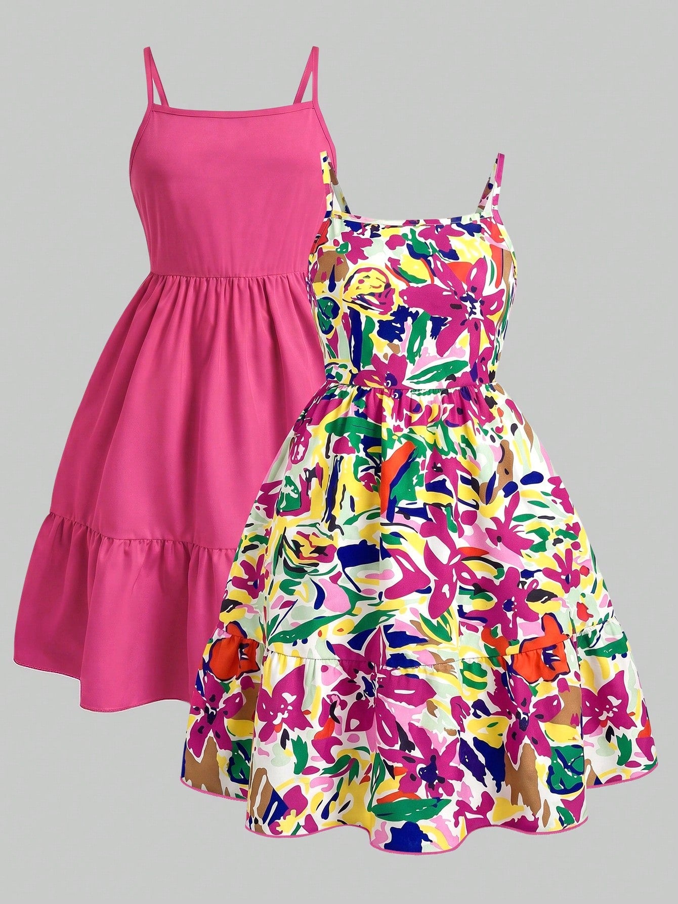 Tween girl blue plant print spaghetti strap cami dress with shirred high waist and flounce ruffled hem