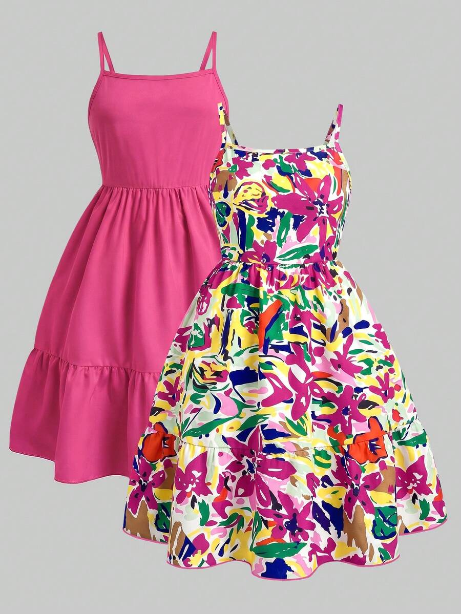 Tween girl blue plant print spaghetti strap cami dress with shirred high waist and flounce ruffled hem