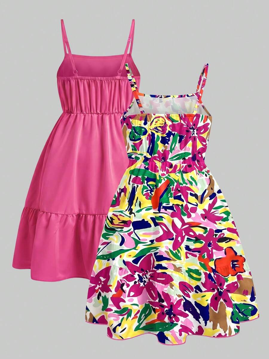 Tween girl blue plant print spaghetti strap cami dress with shirred high waist and flounce ruffled hem
