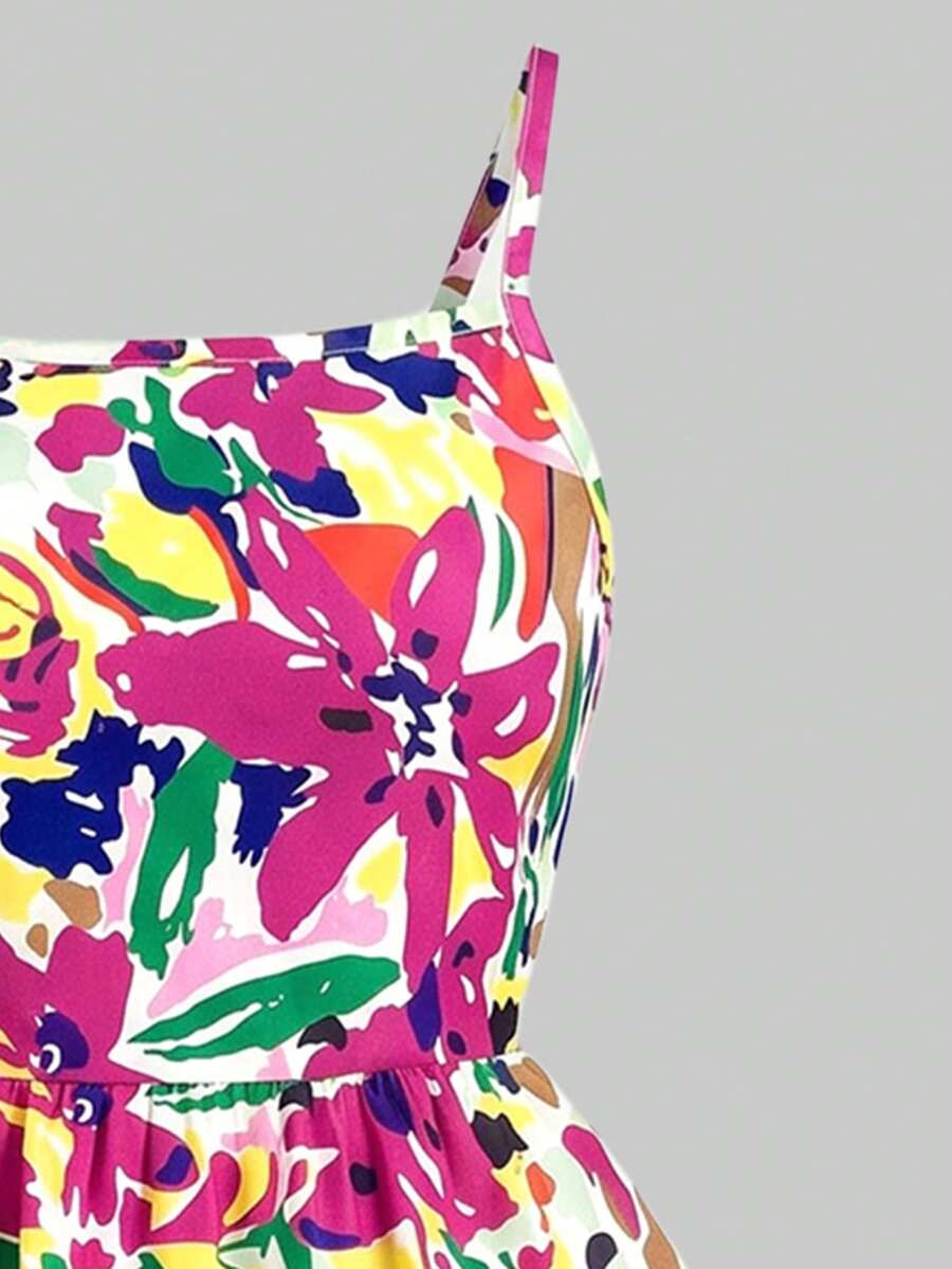 Tween girl blue plant print spaghetti strap cami dress with shirred high waist and flounce ruffled hem