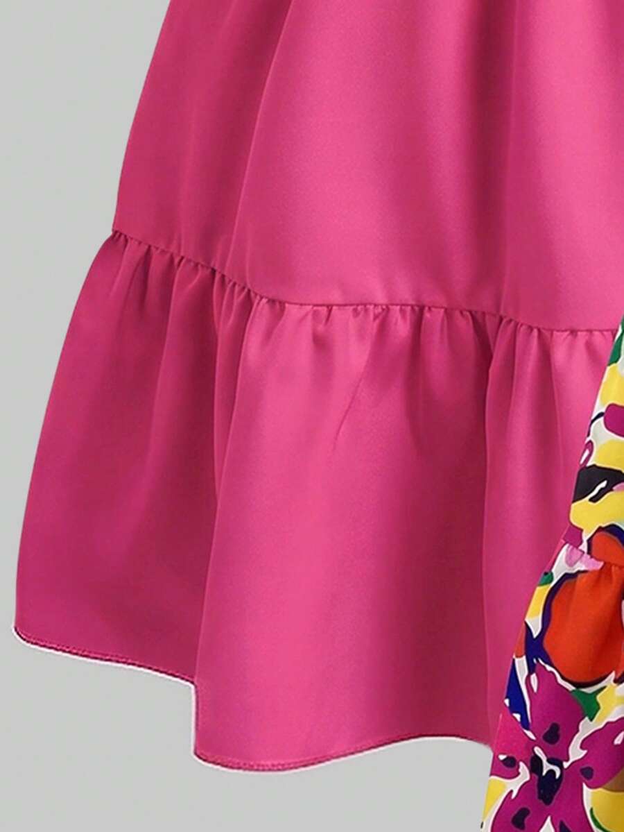 Tween girl blue plant print spaghetti strap cami dress with shirred high waist and flounce ruffled hem
