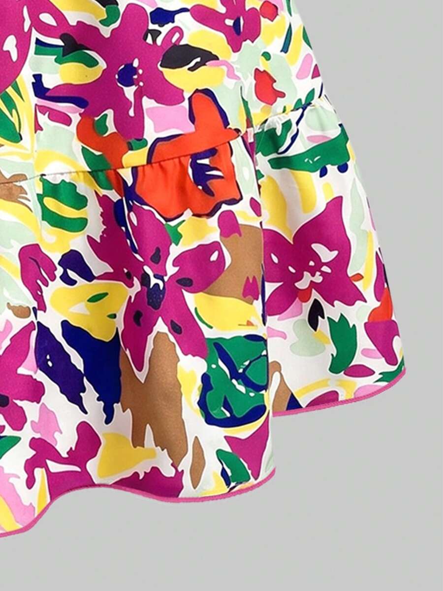 Tween girl blue plant print spaghetti strap cami dress with shirred high waist and flounce ruffled hem