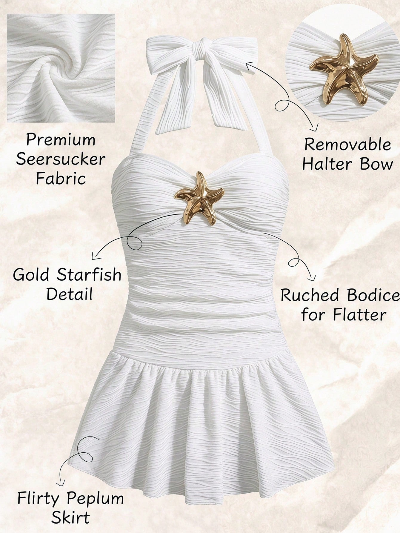White tween girls one-piece swimsuit with textured fabric, spaghetti straps, tie bow detail, halter style, and open back for summer beachwear.