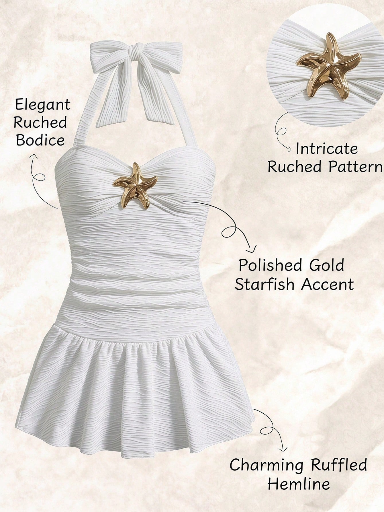 White tween girls one-piece swimsuit with textured fabric, spaghetti straps, tie bow detail, halter style, and open back for summer beachwear.
