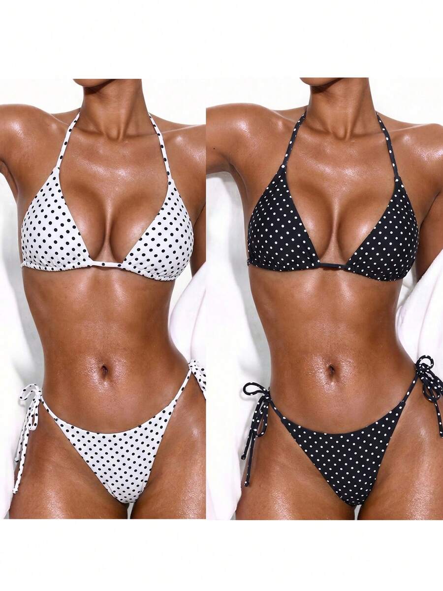 Apricot plain halter triangle bikini swimwear set with tie back top and low waist tie side thong bottom for women