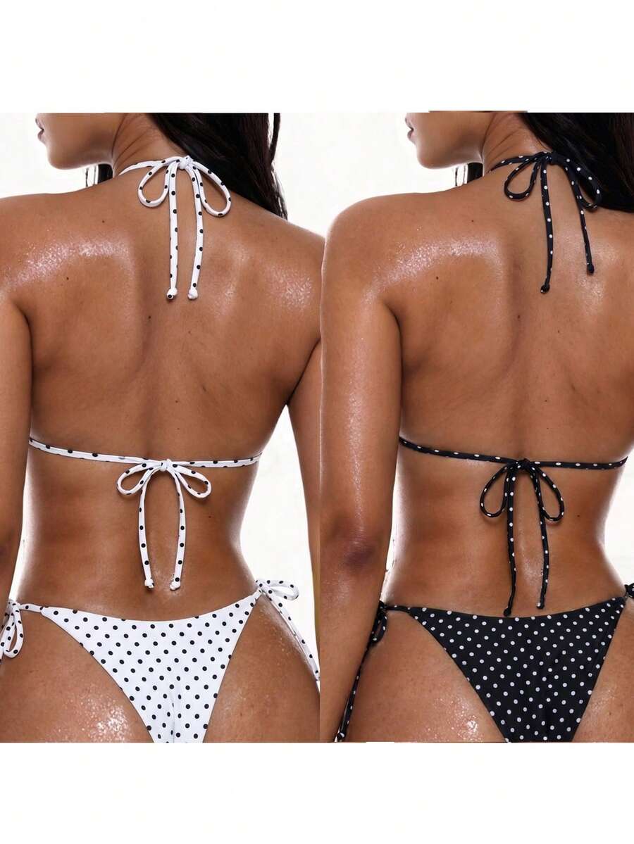 Apricot plain halter triangle bikini swimwear set with tie back top and low waist tie side thong bottom for women