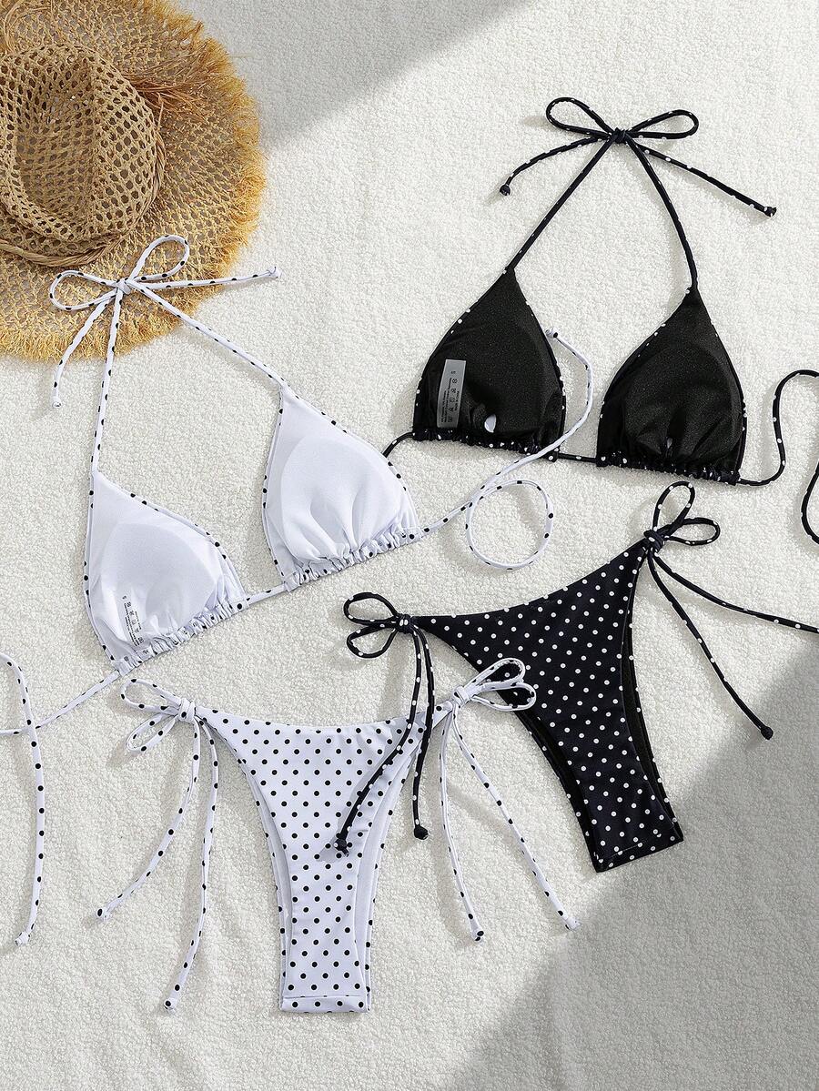 Apricot plain halter triangle bikini swimwear set with tie back top and low waist tie side thong bottom for women