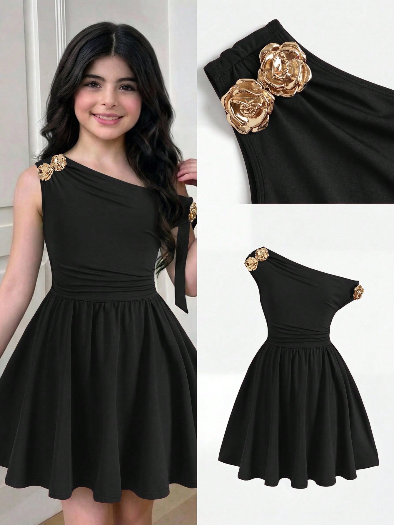 Tween girl wearing an apricot asymmetrical tiered sleeveless party dress with an A-line silhouette.