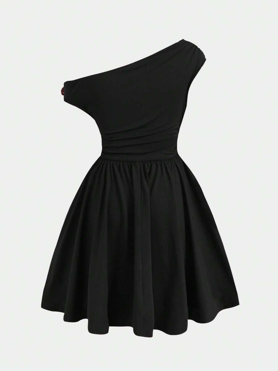 Tween girl wearing an apricot asymmetrical tiered sleeveless party dress with an A-line silhouette.