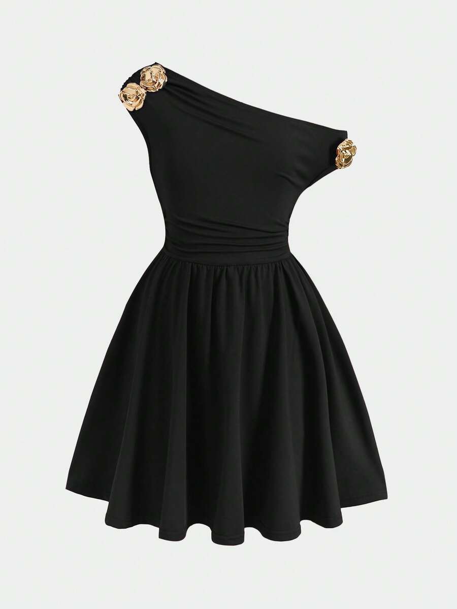 Tween girl wearing an apricot asymmetrical tiered sleeveless party dress with an A-line silhouette.