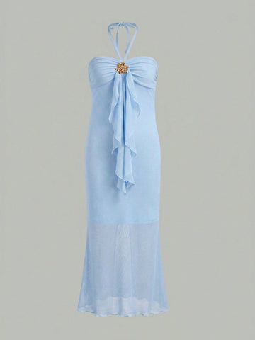Tween girl yellow long halter dress with textured jacquard knit, sleeveless slim fit cami design, natural waist, straight hem, and lined non-sheer finish for vacation or party wear.