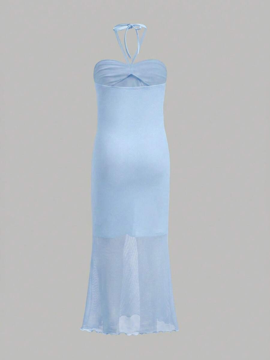 Tween girl yellow long halter dress with textured jacquard knit, sleeveless slim fit cami design, natural waist, straight hem, and lined non-sheer finish for vacation or party wear.