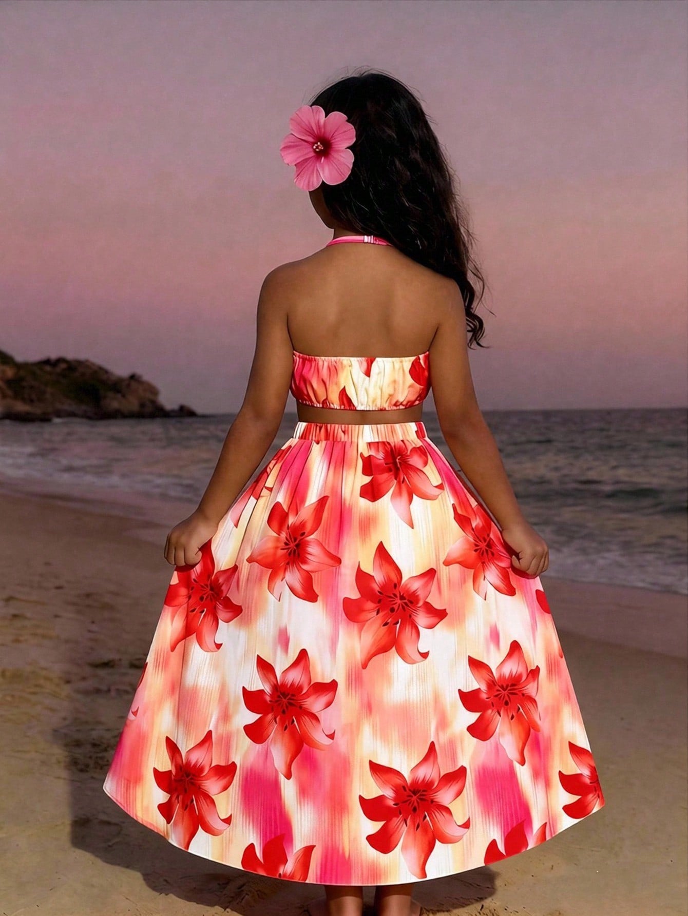 Tween girls floral halter dress with backless sleeveless design, belted high waist, shirred details, appliques, and flared A-line midi silhouette for summer vacation or graduation outfit.