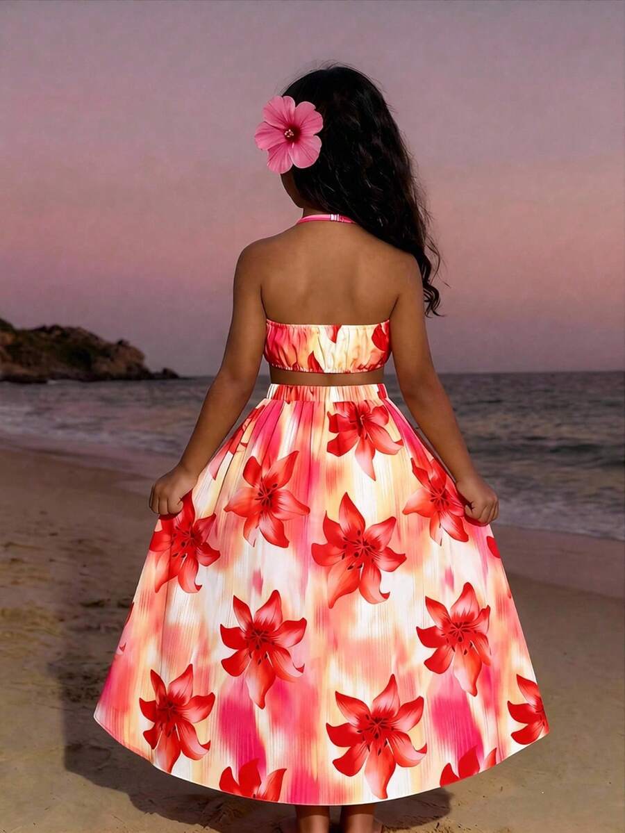 Tween girls floral halter dress with backless sleeveless design, belted high waist, shirred details, appliques, and flared A-line midi silhouette for summer vacation or graduation outfit.