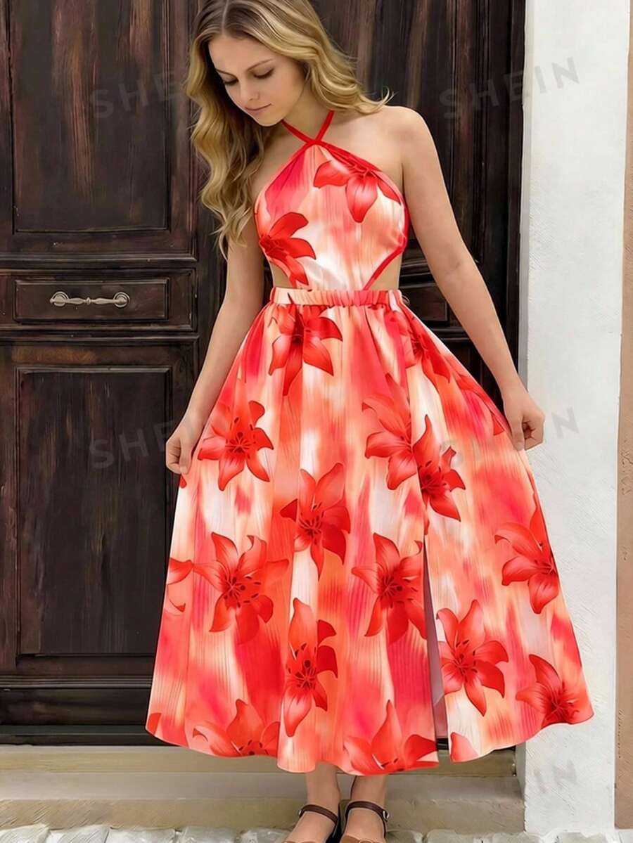 Tween girls floral halter dress with backless sleeveless design, belted high waist, shirred details, appliques, and flared A-line midi silhouette for summer vacation or graduation outfit.