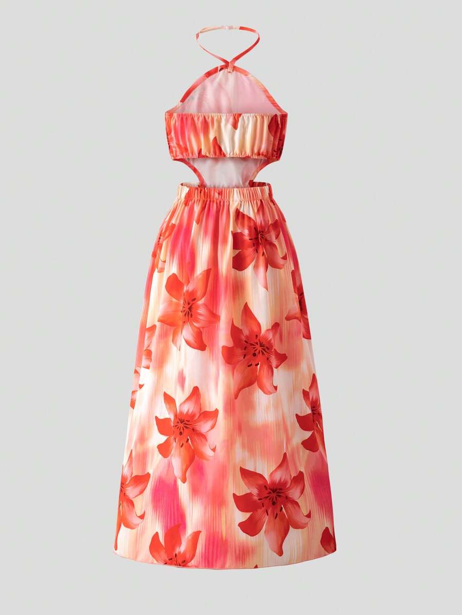 Tween girls floral halter dress with backless sleeveless design, belted high waist, shirred details, appliques, and flared A-line midi silhouette for summer vacation or graduation outfit.