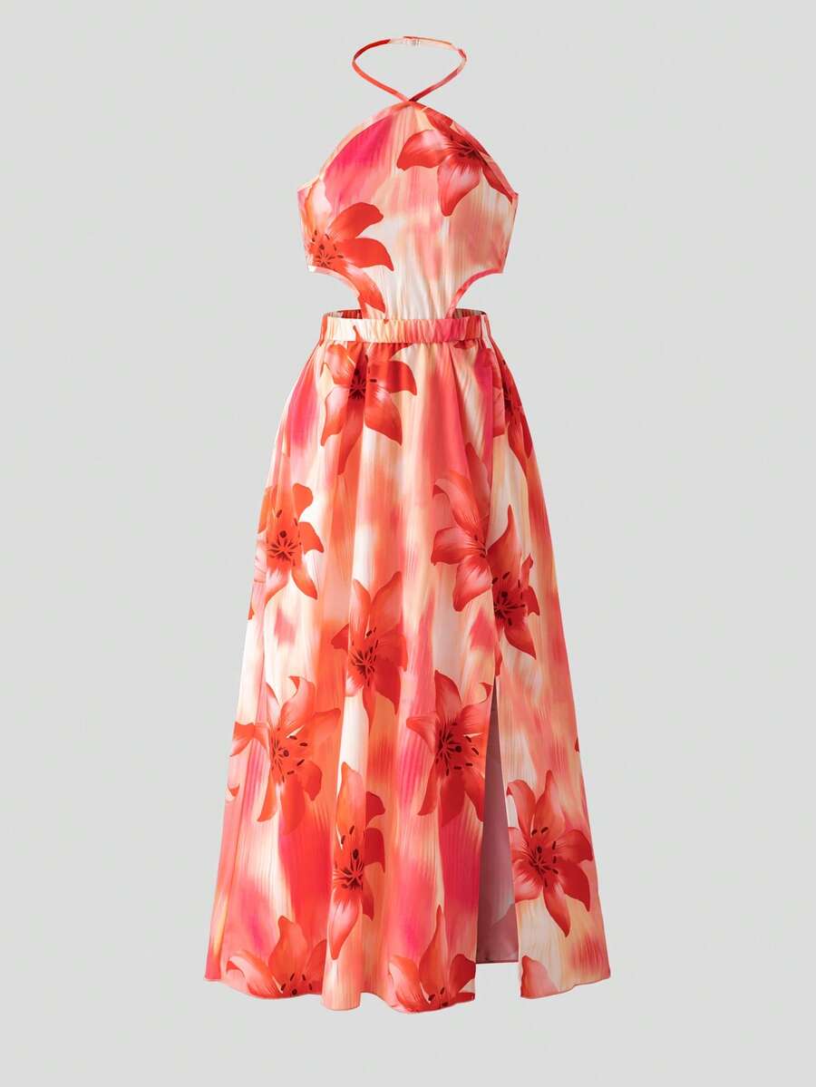Tween girls floral halter dress with backless sleeveless design, belted high waist, shirred details, appliques, and flared A-line midi silhouette for summer vacation or graduation outfit.