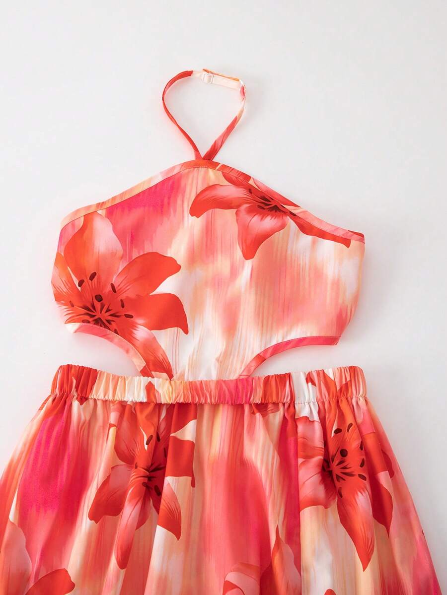 Tween girls floral halter dress with backless sleeveless design, belted high waist, shirred details, appliques, and flared A-line midi silhouette for summer vacation or graduation outfit.