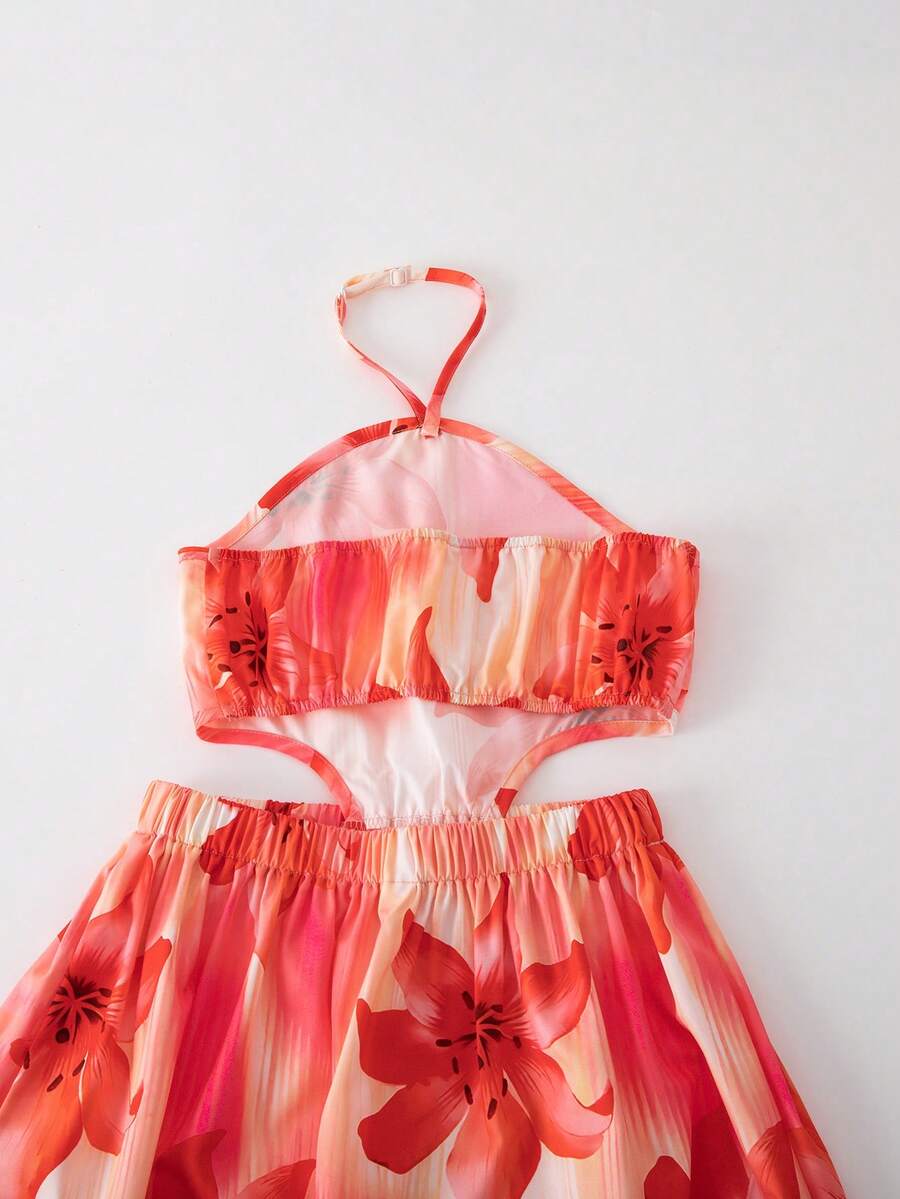 Tween girls floral halter dress with backless sleeveless design, belted high waist, shirred details, appliques, and flared A-line midi silhouette for summer vacation or graduation outfit.