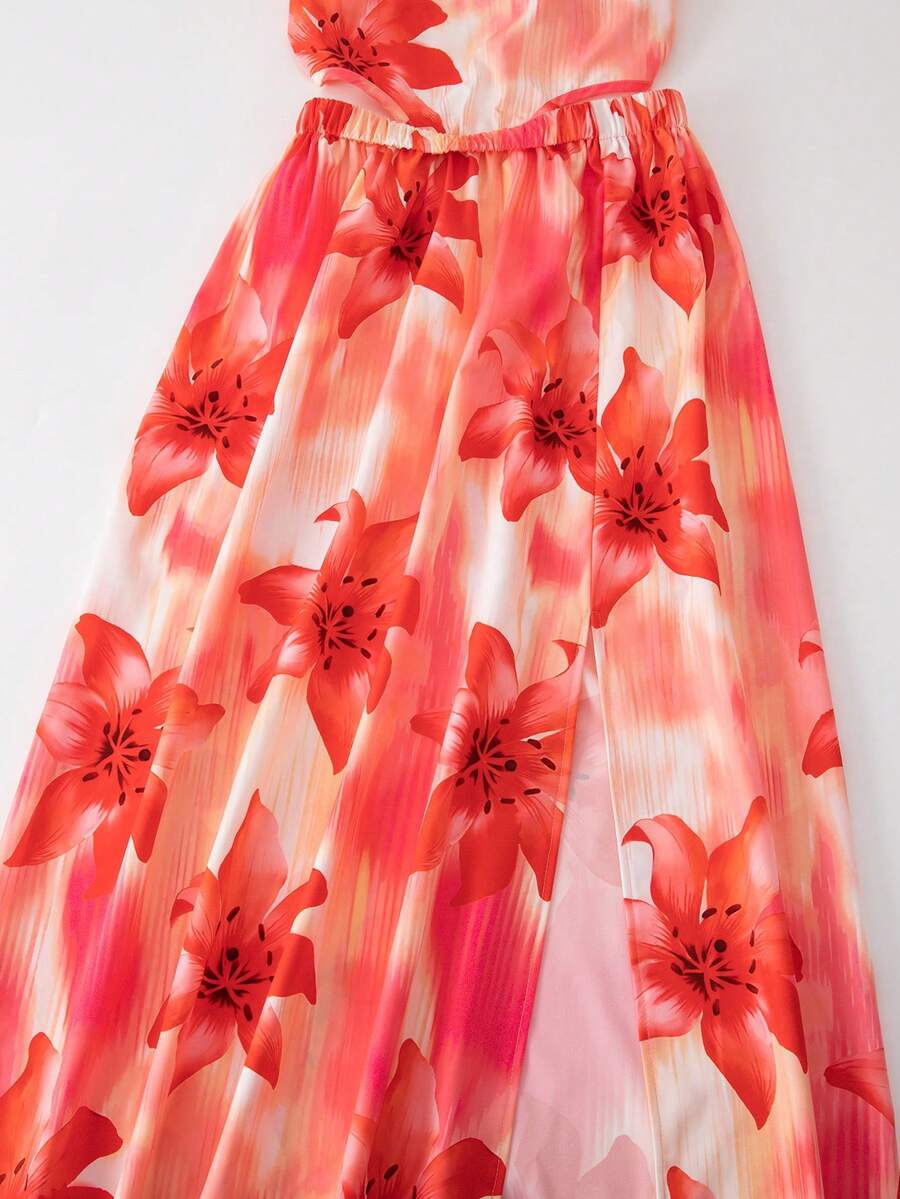 Tween girls floral halter dress with backless sleeveless design, belted high waist, shirred details, appliques, and flared A-line midi silhouette for summer vacation or graduation outfit.