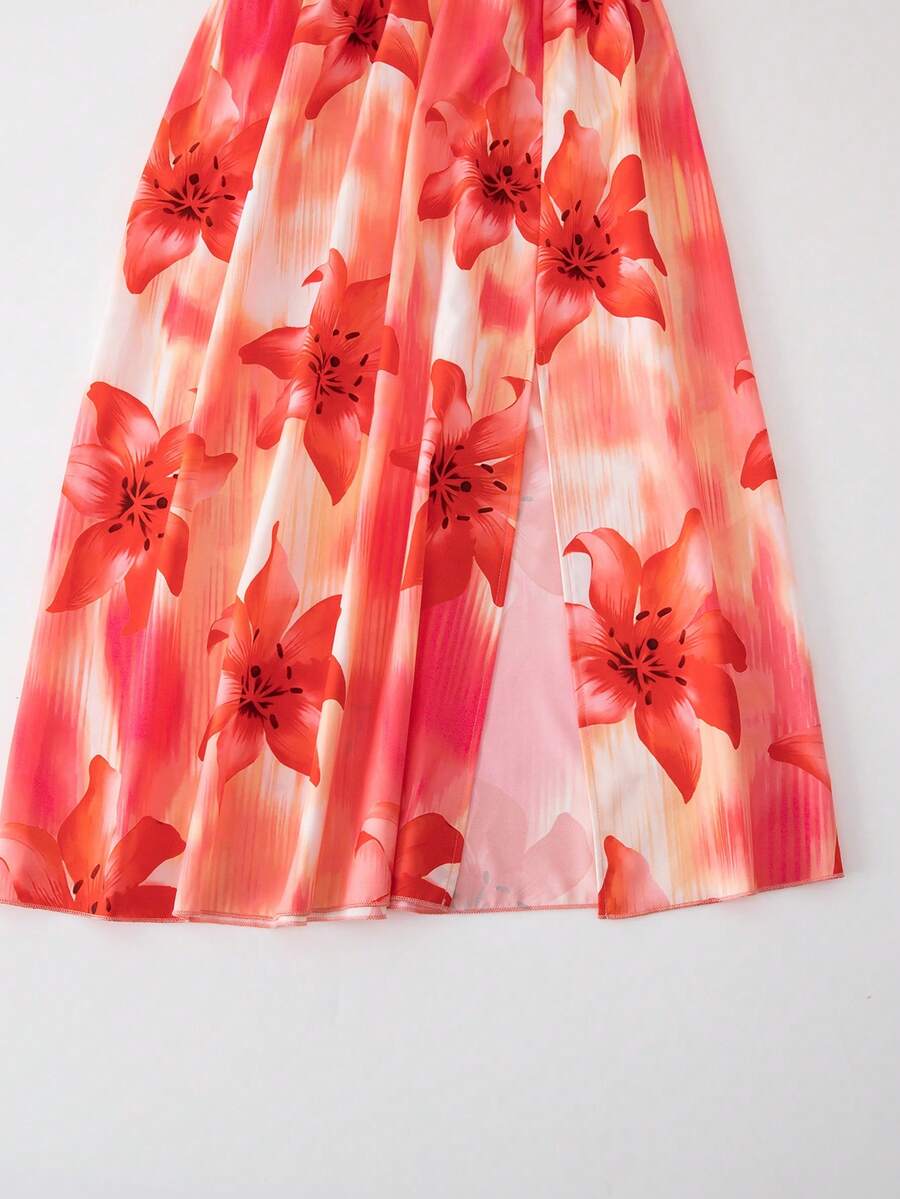 Tween girls floral halter dress with backless sleeveless design, belted high waist, shirred details, appliques, and flared A-line midi silhouette for summer vacation or graduation outfit.