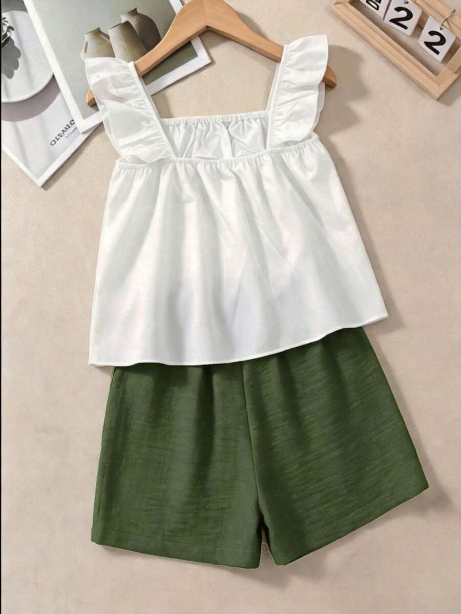 Tween girls 2-piece bohemian outfit set in apricot featuring a square neck embroidered sleeveless camisole top and matching floral wide leg shorts.