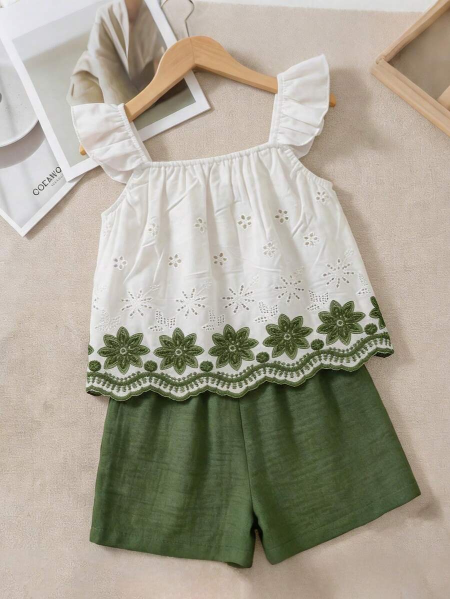 Tween girls 2-piece bohemian outfit set in apricot featuring a square neck embroidered sleeveless camisole top and matching floral wide leg shorts.